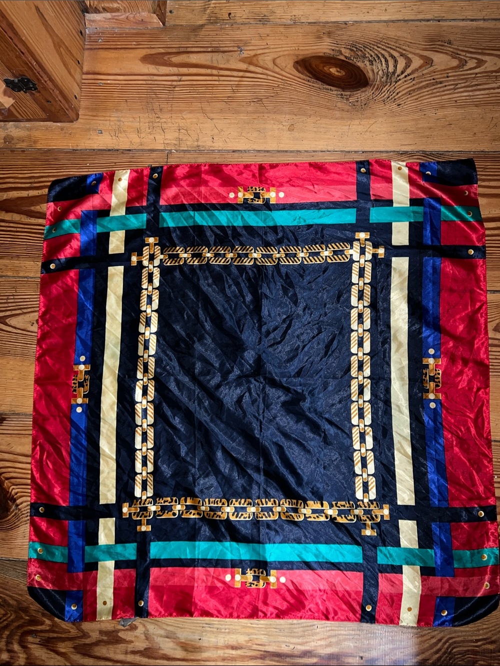 Silk-Feel Decorative Square Scarf in Navy, Red, and Gold Sexy Lion Vintage LARGE